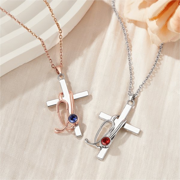 Personalizada Birthstone Estetoscopio Cruz Collar Joyería Religiosa Regalo de cumpleaños para las mujeres cristianas Enfermeras Médicos