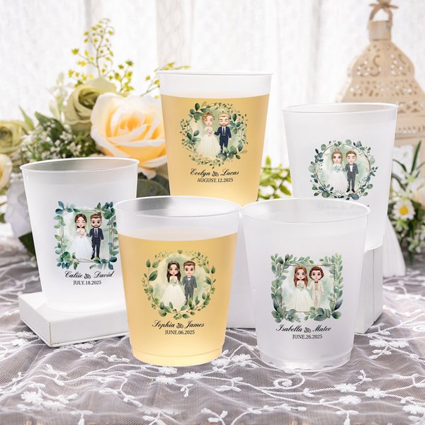 Verre en plastique alimentaire givré avec nom et date Lot de 10 gobelets d'anniversaire de mariage pour les jeunes mariés