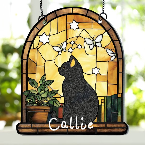 Personalized Stained Glass Effect Black Cat Acrylic Ornament Window Balcony Decor Birthday Gift for Friend Family Pet Lover