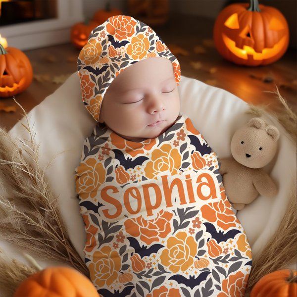Personlig pumpablomma 100% bomullsvadd och knutmössa med namn Första Halloween Baby Shower Födelsedagspresent för nyfödda