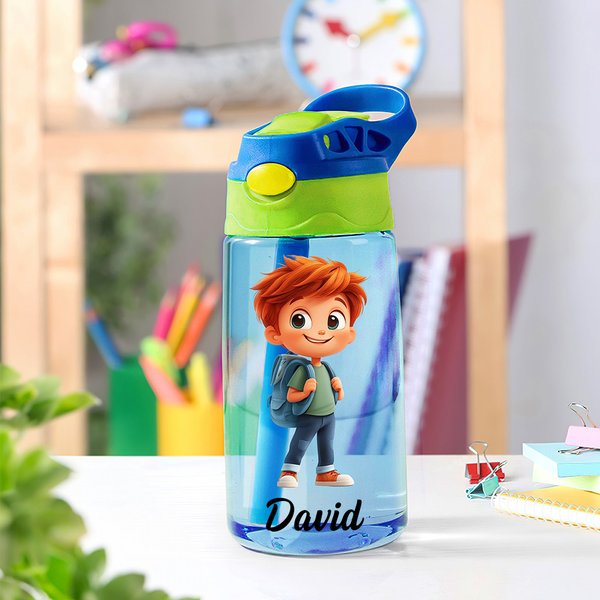Botella personalizada de 475 ml con personaje de dibujo animado y nombre pajita de silicona y tapa regalo de cumpleaños o vuelta al cole para niños