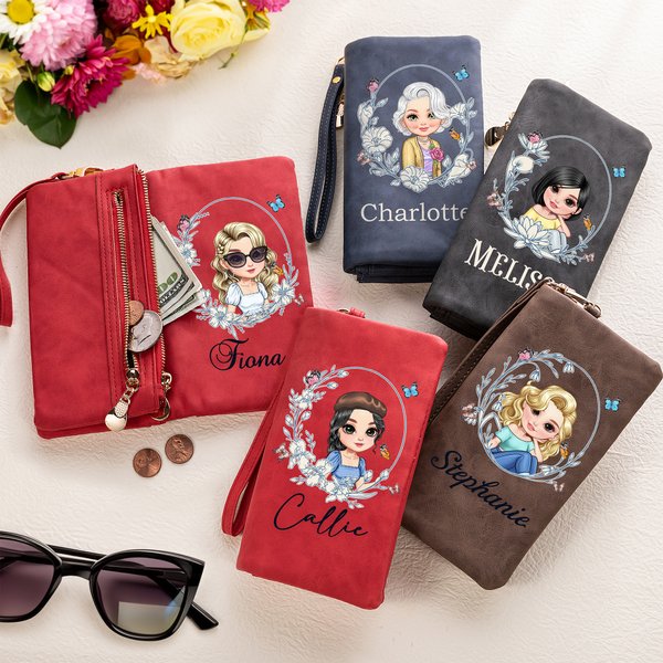 Personalisierte Schmetterling Geburt Blume Cartoon Charakter PU Leder Brieftasche mit Namen und Armband Hochzeit Geburtstag Geschenk für Frauen Mädchen