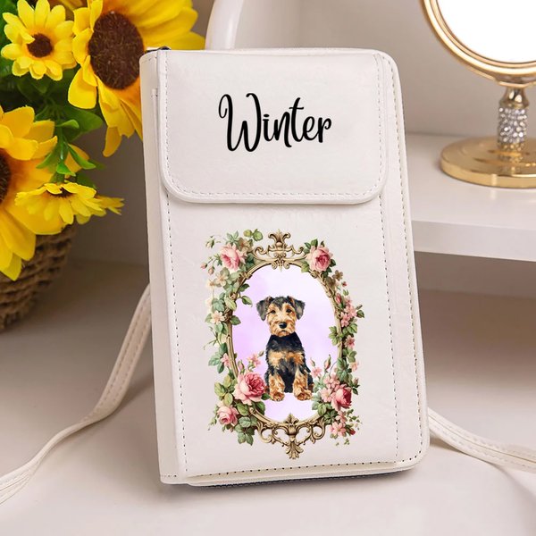Personalisierte Retro Blumen Haustier Porträt PU-Leder Umhängetasche mit Namen und Geldbörsenfach Reisezubehör Geburtstag Geschenk für Tierliebhaber