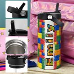 Personalised Colourful Building Block Name Insulated Water Bottle with Folding Straw and Handle Birthday Back to School Gift for Kids
