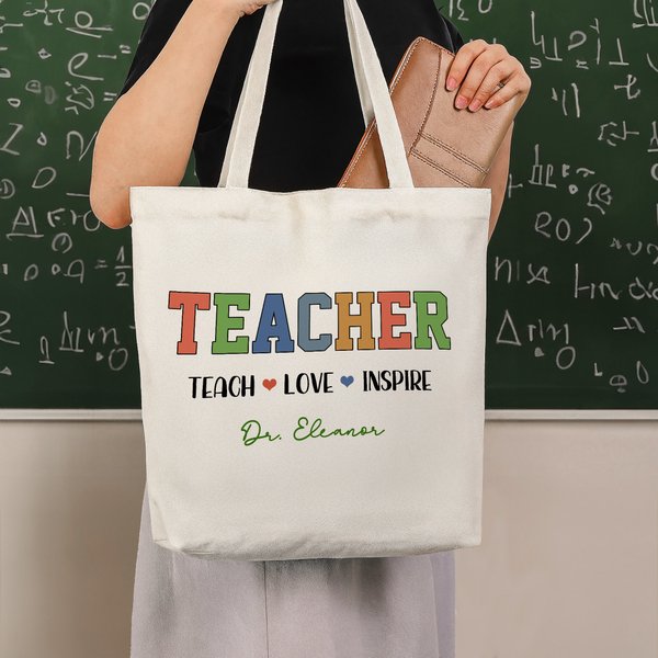 Borsa personalizzata Teach Love Inspire Tote di tela di grande capacità con testo Regalo per la Giornata dell'Insegnante per il ritorno a scuola degli insegnanti