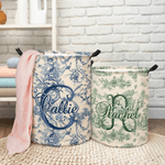 Personlig Retro fransk Toile De Jouy Style Vattentät tvättförvaringskorg med handtag Födelsedag Housewarming Present för nygifta par