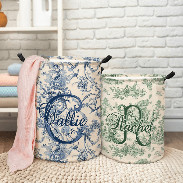 Personlig Retro fransk Toile De Jouy Style Vattentät tvättförvaringskorg med handtag Födelsedag Housewarming Present för nygifta par