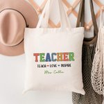 Borsa personalizzata Teach Love Inspire Tote di tela di grande capacità con testo Regalo per la Giornata dell'Insegnante per il ritorno a scuola degli insegnanti
