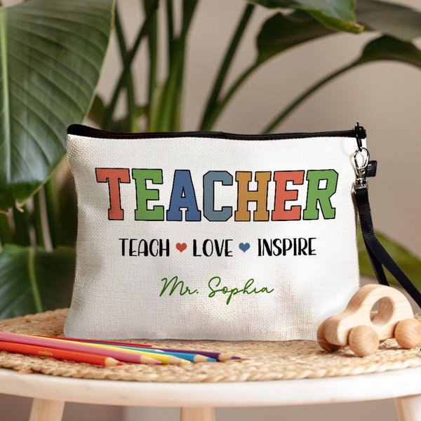 Gepersonaliseerd lerarenthemaontwerp Draagbaar make-uptasje met tekst en polsbandje Dagelijkse school Onmisbaar verjaardagscadeau voor vrouwelijke leraren