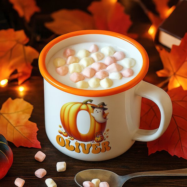 Personalised Halloween Ghost Pumpkin Initial Kid 12 oz Colourful Rim Enamel Mug with Name Halloween Birthday Back to School Gift for Boys Girls