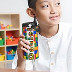 Personalised Colourful Building Block Name Insulated Water Bottle with Folding Straw and Handle Birthday Back to School Gift for Kids