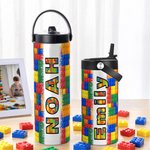 Personalised Colourful Building Block Name Insulated Water Bottle with Folding Straw and Handle Birthday Back to School Gift for Kids