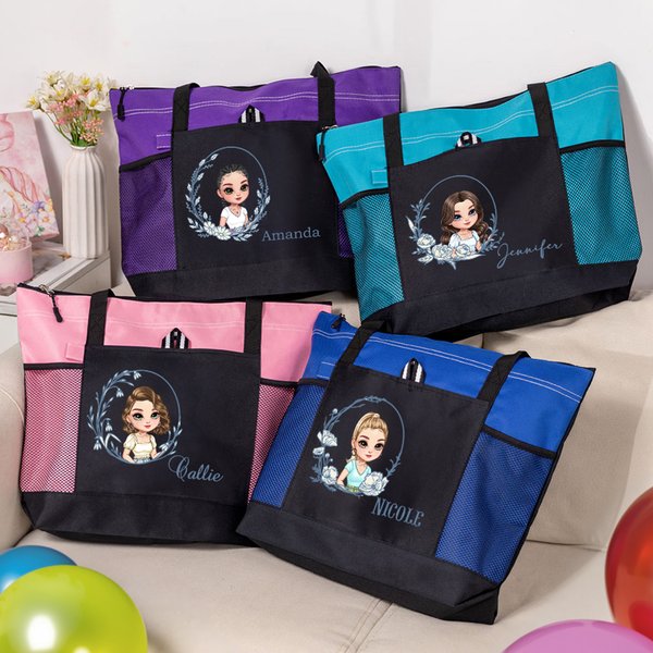 Gepersonaliseerde Geboortebloem Cartoon Karakter Tote Bag met Naam en Mesh Pockets Travel Essentials Bruiloft Verjaardag Verjaardagscadeau voor vrouwen