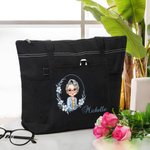 Gepersonaliseerde Geboortebloem Cartoon Karakter Tote Bag met Naam en Mesh Pockets Travel Essentials Bruiloft Verjaardag Verjaardagscadeau voor vrouwen