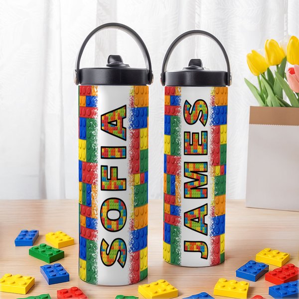 Personalized Colorful Building Block Name Insulated Water Bottle with Folding Straw and Handle Birthday Back to School Gift for Kids