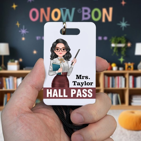 Personalized Cartoon Teacher Clipart Acrylic Classroom Pass with Name Lanyard Back to School Teacher's Day Appreciation Gift for Teacher