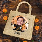 Photo de visage personnalisée Halloween Costume Sac fourre-tout en toile de jute avec nom Activité Halloween Cadeau de vacances pour garçons filles