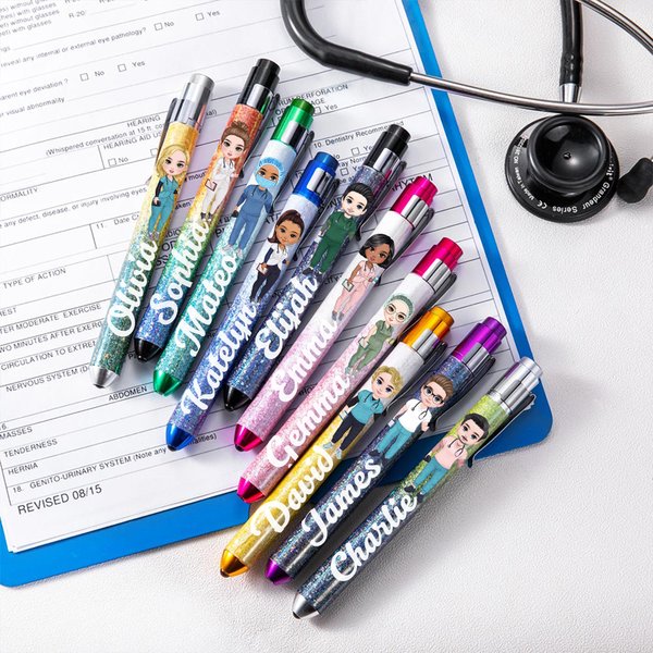 Personalized Cartoon Character Glitter Medical Portable LED Pen Light with Name Nurse Week Appreciation Birthday Gift for Doctor Nurse Medical Staff