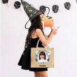 Photo de visage personnalisée Halloween Costume Sac fourre-tout en toile de jute avec nom Activité Halloween Cadeau de vacances pour garçons filles