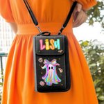 Personalizzato Carino abbagliante fantasma al neon Borsa Crossbody in pelle PU Portafoglio con nome e slot per carte Regalo di Halloween per donne ragazze