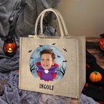 Photo de visage personnalisée Halloween Costume Sac fourre-tout en toile de jute avec nom Activité Halloween Cadeau de vacances pour garçons filles