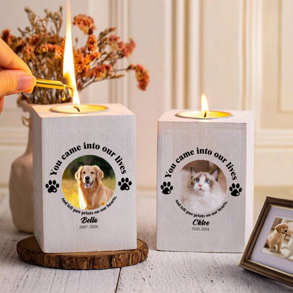 Personalised Dog Cat Paw Pet Photo Wooden Candle Holder with Name Loss of Pet Sympathy Memorial Gift for Pet Owner