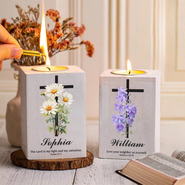 Personalised Birth Flower Cross Bible Verse Wooden Candle Holder with Name Birthday Baptism Gift for Christians