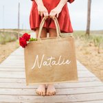 Personligt namn Stor Jute Tote Bag Daily Travel Essential Födelsedag Bröllop Party Present för kvinnor Vänner