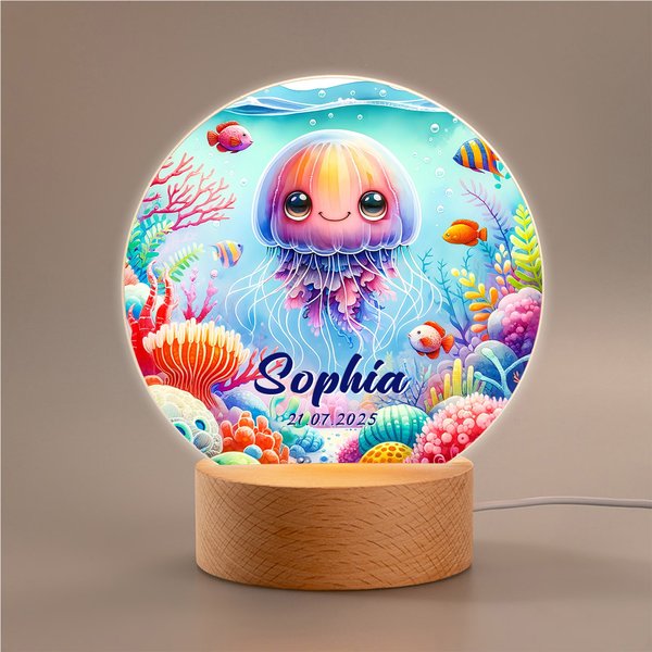 Personalised Fantasy Jellyfish Whale Sea Animals LED Night Light with Wooden Base and Name Home Decor Birthday Gift for Kids