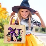 Personalized Halloween Witch Hat Initial Cartoon Character Large Jute Tote Bag with Name Travel Halloween Travel Birthday Gift for Women Kids