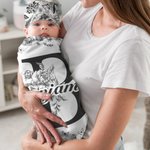 Personalized Toile De Jouy Style Initial Swaddle Blanket and Knot Hat Set with Name Baby Shower Birthday Gift for Newborns Babies