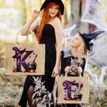 Personalized Magic Pot and Witch Hat Initial Large Jute Tote Bag with Name Trick or Treat Halloween Party Gift for Women Kids