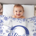 Personalized Toile De Jouy Style Initial Swaddle Blanket and Knot Hat Set with Name Baby Shower Birthday Gift for Newborns Babies