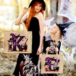 Personalized Halloween Witch Hat Initial Cartoon Character Large Jute Tote Bag with Name Travel Halloween Travel Birthday Gift for Women Kids