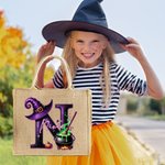 Personalized Magic Pot and Witch Hat Initial Large Jute Tote Bag with Name Trick or Treat Halloween Party Gift for Women Kids