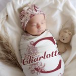 Personalized Toile De Jouy Style Initial Swaddle Blanket and Knot Hat Set with Name Baby Shower Birthday Gift for Newborns Babies
