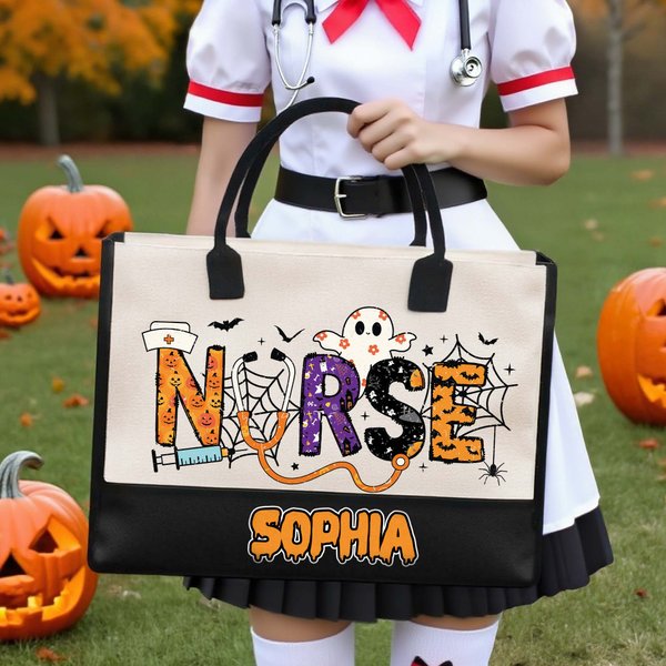 Personalised Nurse Pumpkin Bat Ghost Halloween Large Canvas Tote Bag with Name Birthday Halloween Gift for Halloween Lovers