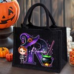 Sac à main en lin noir avec initiales et nom Cadeau d'Halloween pour garçons filles