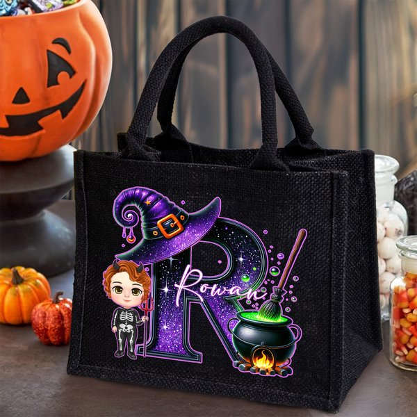 Sac à main en lin noir avec initiales et nom Cadeau d'Halloween pour garçons filles