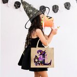 Personalized Halloween Witch Hat Initial Cartoon Character Large Jute Tote Bag with Name Travel Halloween Travel Birthday Gift for Women Kids