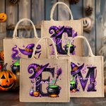 Personalized Magic Pot and Witch Hat Initial Large Jute Tote Bag with Name Trick or Treat Halloween Party Gift for Women Kids