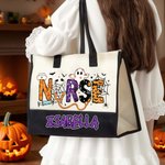 Personalisierte Krankenschwester Kürbis Fledermaus Geist Halloween große Canvas Tote Tasche mit Namen Geburtstag Halloween Geschenk für Halloween-Liebhaber