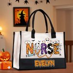 Personalisierte Krankenschwester Kürbis Fledermaus Geist Halloween große Canvas Tote Tasche mit Namen Geburtstag Halloween Geschenk für Halloween-Liebhaber