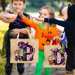 Personalized Halloween Witch Hat Initial Cartoon Character Large Jute Tote Bag with Name Travel Halloween Travel Birthday Gift for Women Kids