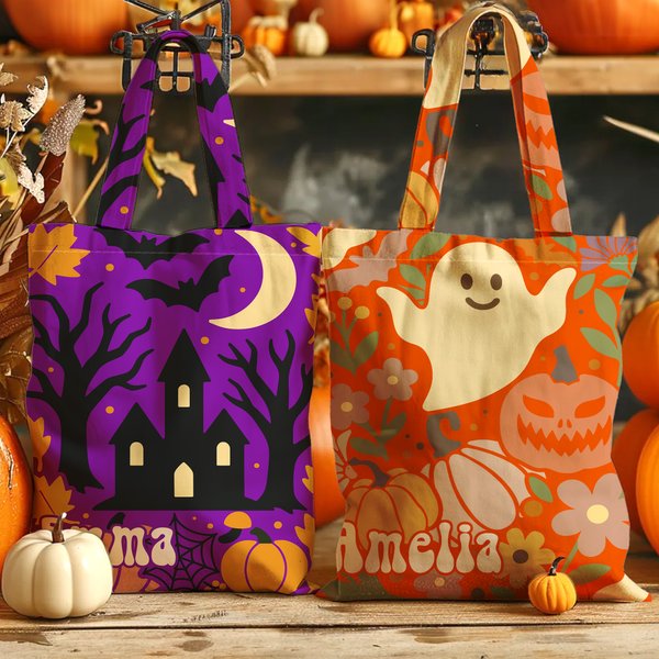 Personifierad flerfärgad Jack-O'-Lantern Ghost Återanvändbar tygkasse med namn Halloween Partygåva för flickor Kvinnor