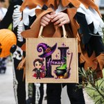 Personalized Halloween Witch Hat Initial Cartoon Character Large Jute Tote Bag with Name Travel Halloween Travel Birthday Gift for Women Kids