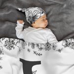 Personalized Toile De Jouy Style Initial Swaddle Blanket and Knot Hat Set with Name Baby Shower Birthday Gift for Newborns Babies