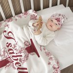 Personalized Toile De Jouy Style Initial Swaddle Blanket and Knot Hat Set with Name Baby Shower Birthday Gift for Newborns Babies