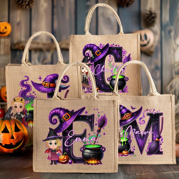 Personalized Halloween Witch Hat Initial Cartoon Character Large Jute Tote Bag with Name Travel Halloween Travel Birthday Gift for Women Kids