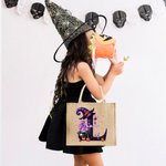 Personalized Magic Pot and Witch Hat Initial Large Jute Tote Bag with Name Trick or Treat Halloween Party Gift for Women Kids